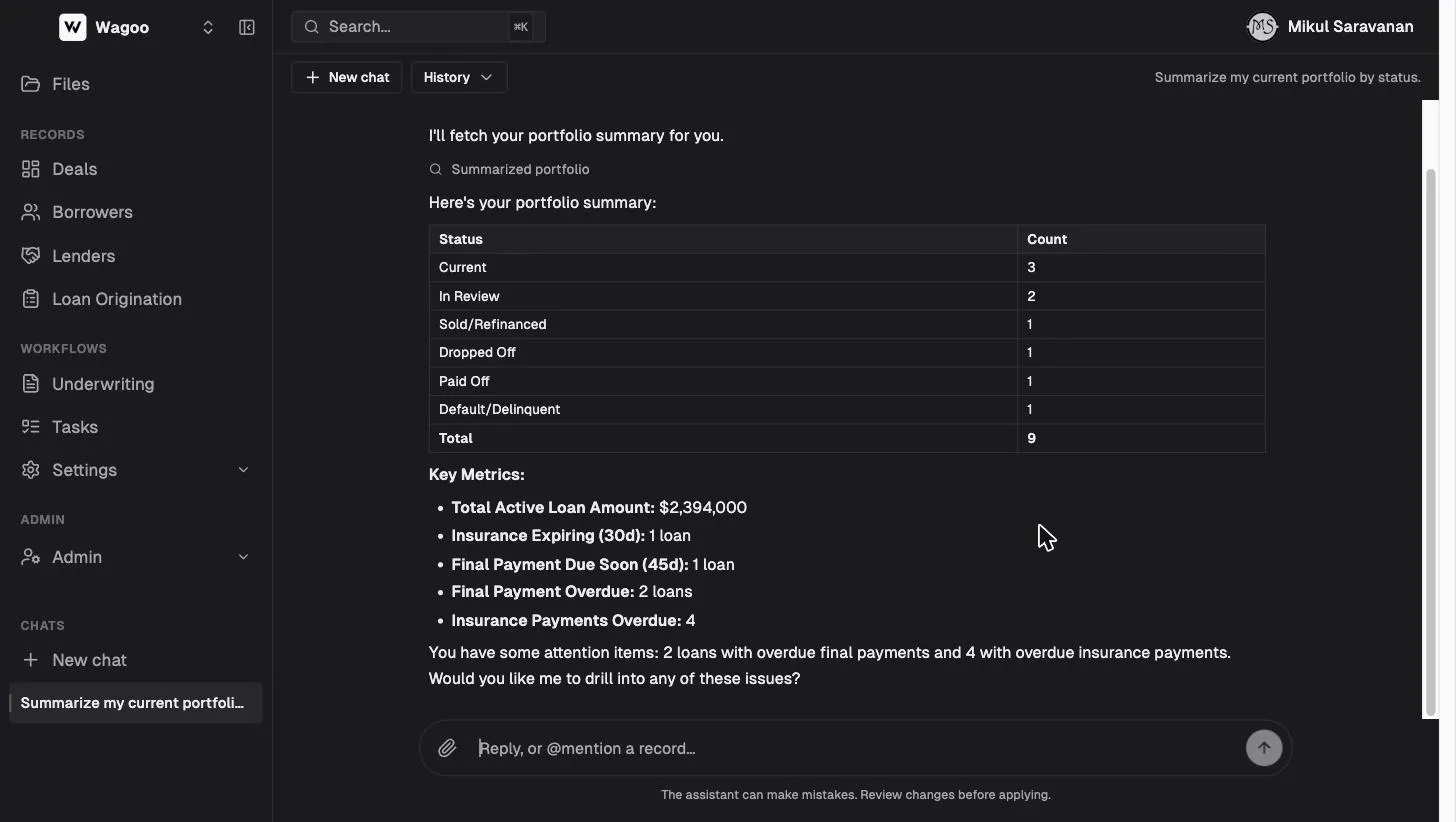 A portfolio summary from the Wagoo assistant with status counts, key metrics, and attention items