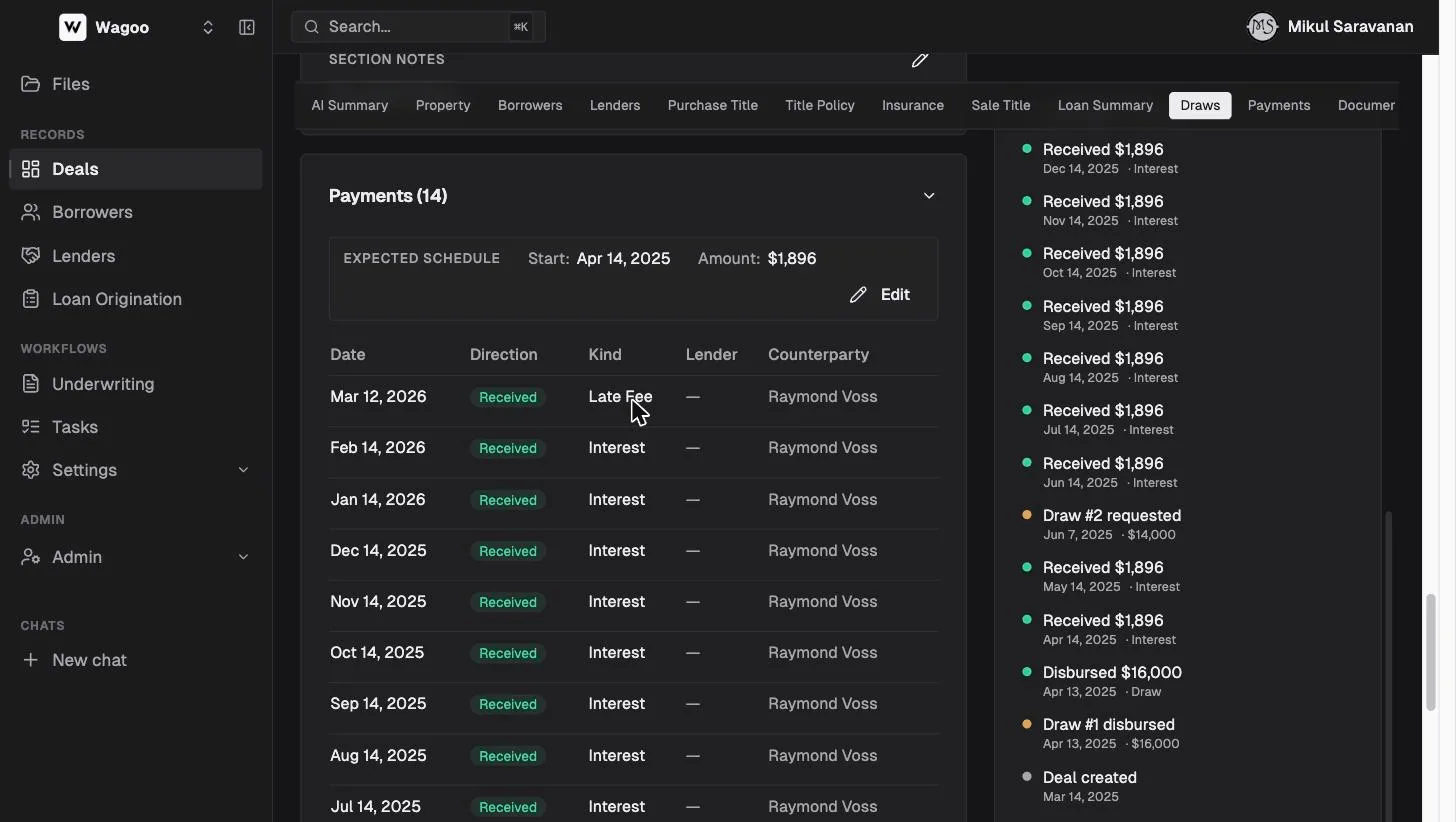 Renovation draws with a released-so-far progress bar, and the payment ledger below