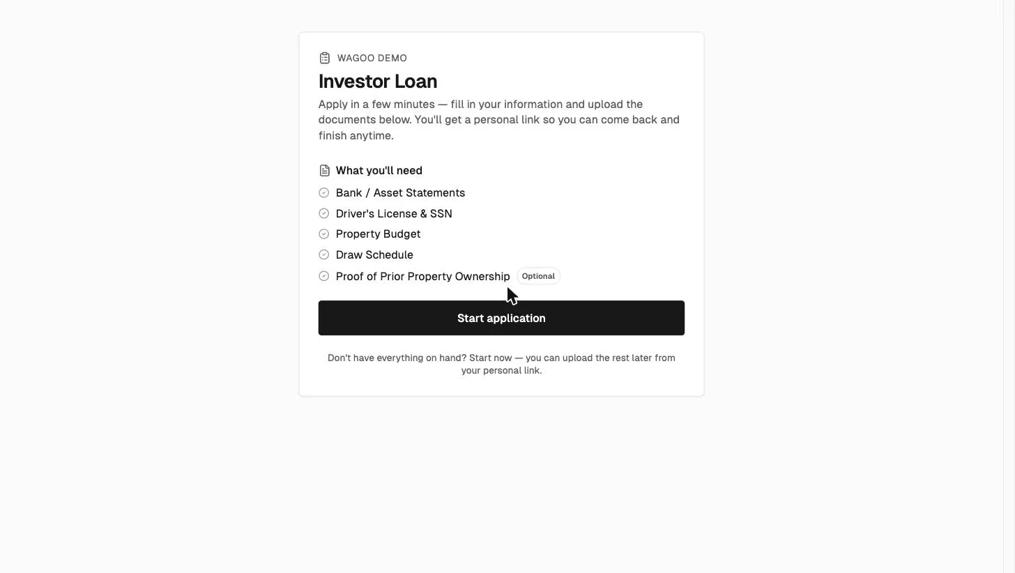 Wagoo's public loan application start page listing required documents before the applicant begins