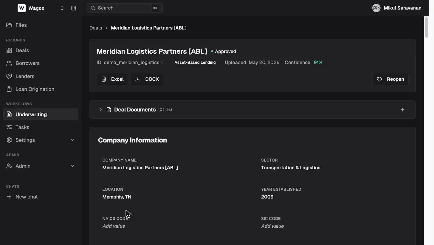 Top of a Wagoo underwriting deal: status, confidence score, export buttons, and company information