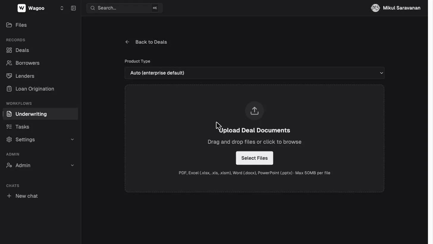 The Wagoo underwriting upload view with product type selector and drag-and-drop document dropzone